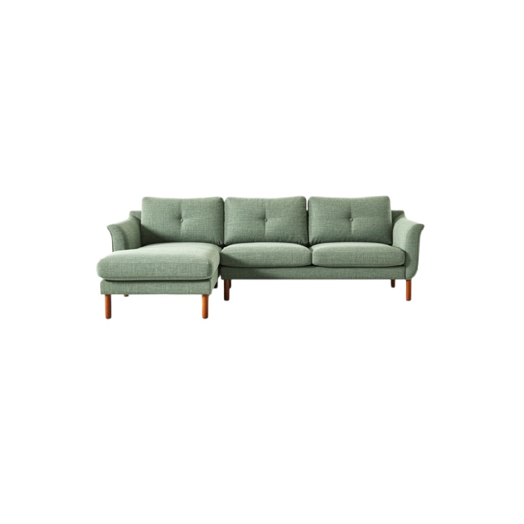 **Canapé d'angle moderne en tissu vert avec accoudoirs et pieds en bois**