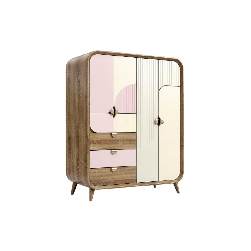 **Armoire vintage en bois avec portes colorées et tiroirs**